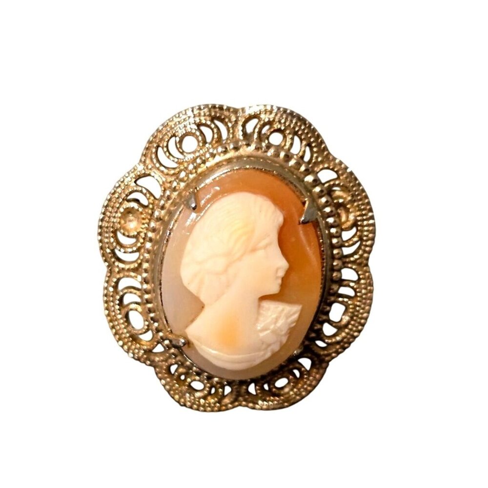 Vintage Cameo Brooch Carved Shell Portrait 1920s Orange White ornate filagree